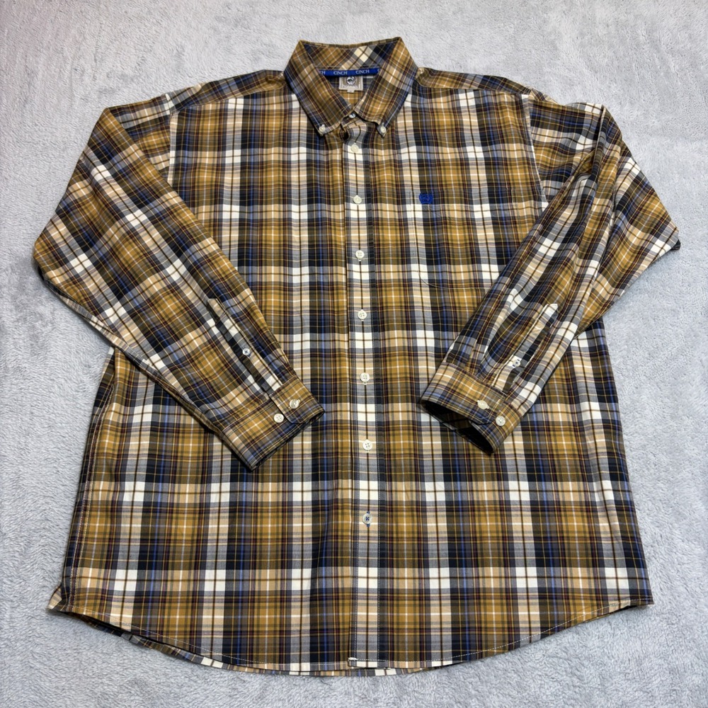 Cinch Button Down Shirt Mens L Yellow Plaid Long Sleeve Western Cotton Pocket